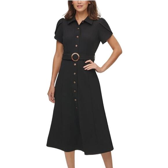 Calvin Klein Women's Scuba Crepe Dress with Ruffle Skirt and Tie Belt Black Sz 4 - Picture 1 of 6